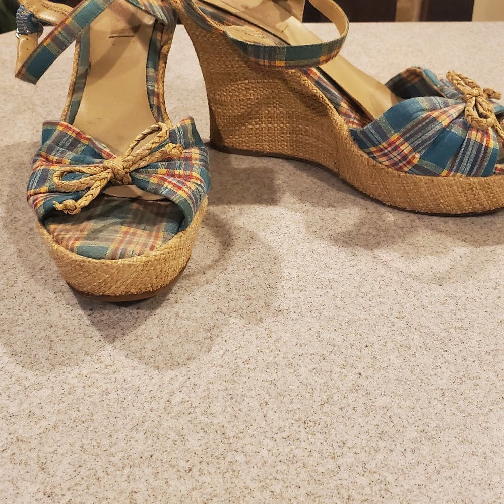 Xhilaration Blue, Red and Beige platform sandals.
